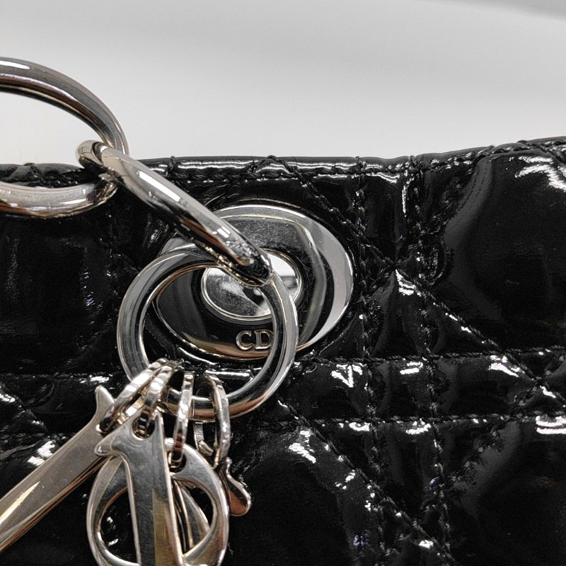 DIOR托特包黑色漆皮藤格紋手提包銀色五金-8