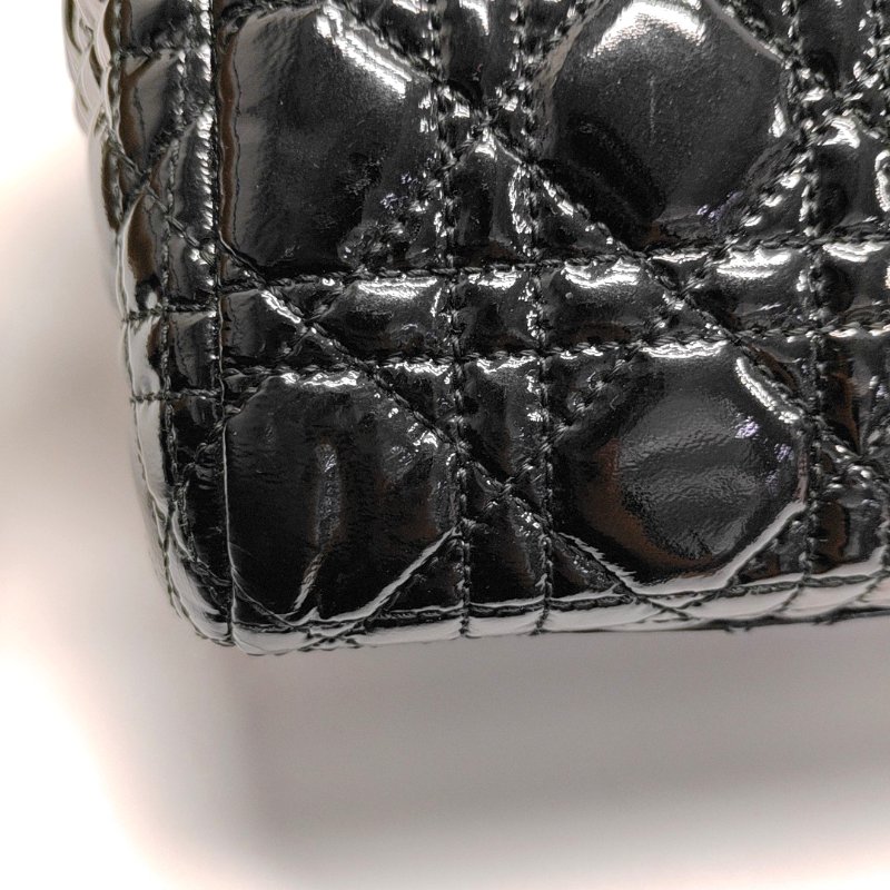 DIOR托特包黑色漆皮藤格紋手提包銀色五金-9