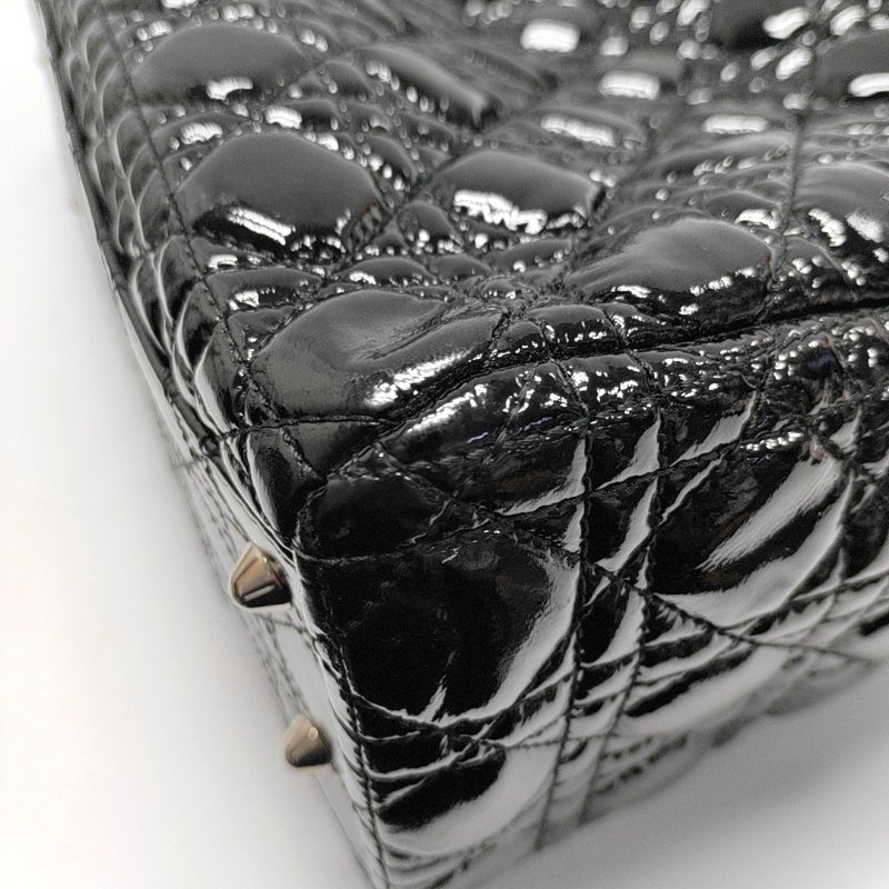 DIOR托特包黑色漆皮藤格紋手提包銀色五金-12