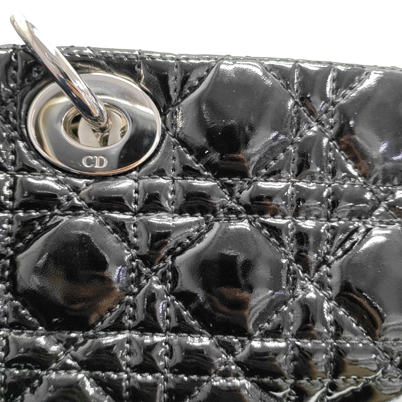 DIOR托特包黑色漆皮藤格紋手提包銀色五金-13