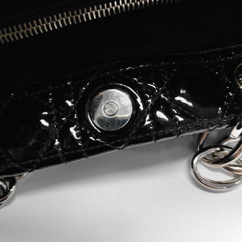 DIOR托特包黑色漆皮藤格紋手提包銀色五金-16