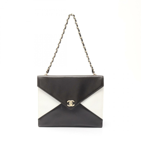 香奈兒 COCO 標誌鏈條單背包，羊皮材質，黑色/白色，二手，金色五金 CC