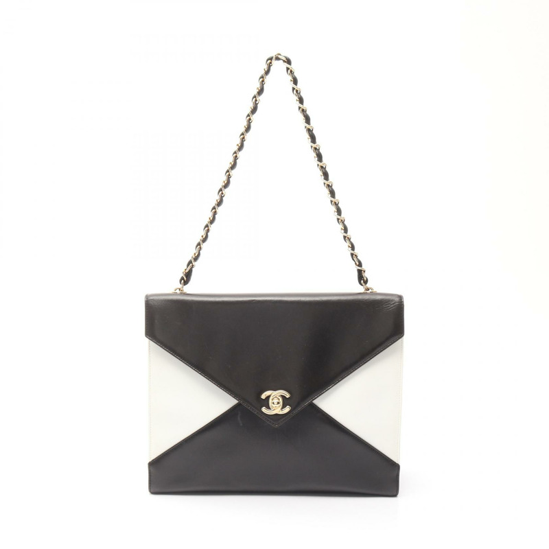 香奈兒 COCO 標誌鏈條單背包,羊皮材質,黑色/白色,二手,金色五金 CC-0