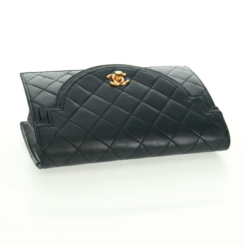 【日本直送】香奈兒 (CHANEL) 絎縫手拿包,羊皮材質,黑色,金色雙C標誌,正品編號 mr1806V-5