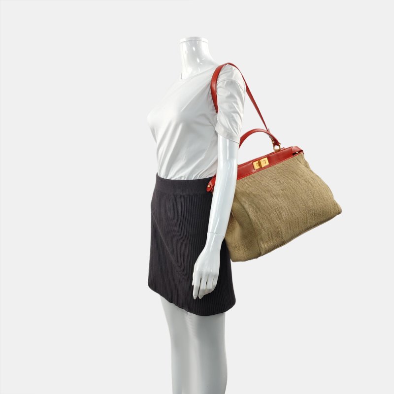 FENDI Peekaboo卡其色帆布雙F提花單肩包可拆卸肩帶-1