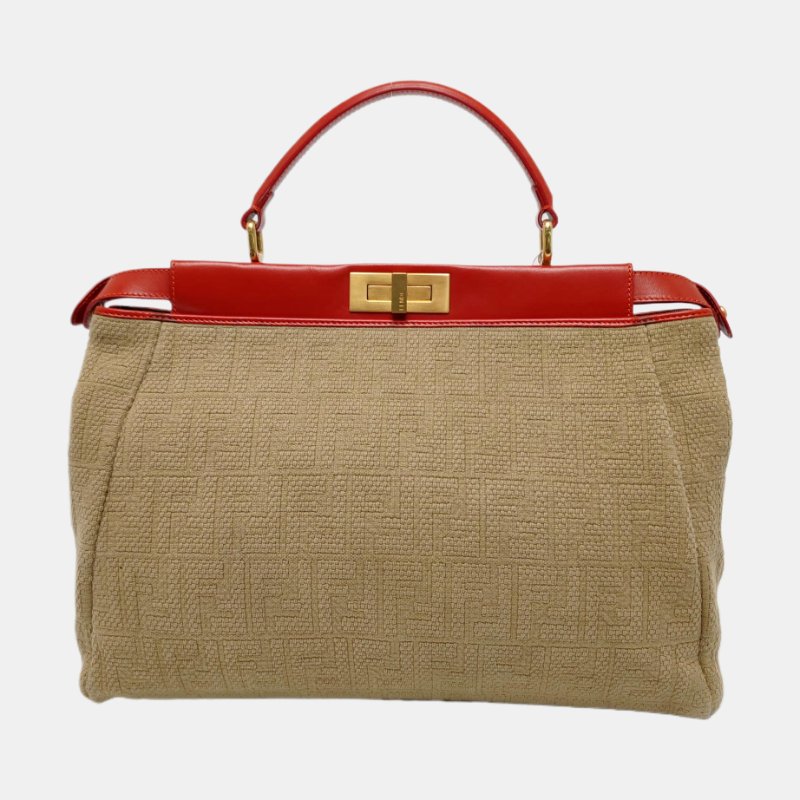 FENDI Peekaboo卡其色帆布雙F提花單肩包可拆卸肩帶-4