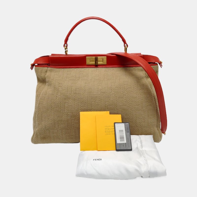 FENDI Peekaboo卡其色帆布雙F提花單肩包可拆卸肩帶-7
