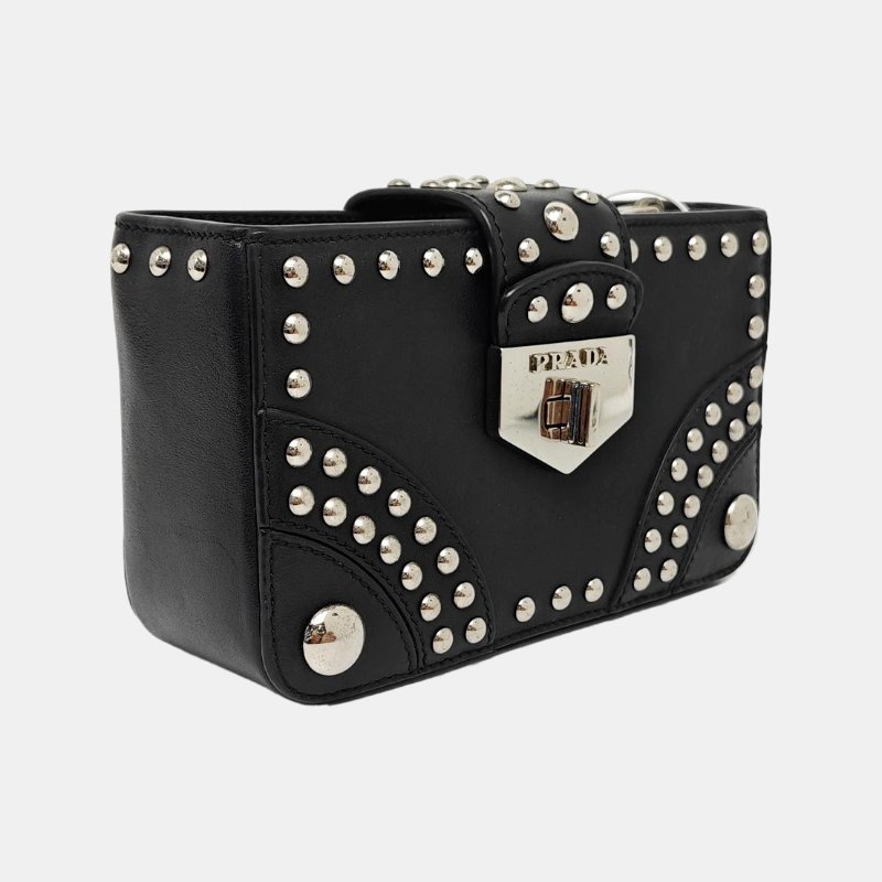 PRADA黑色牛皮鉚釘手拿包銀色五金-3