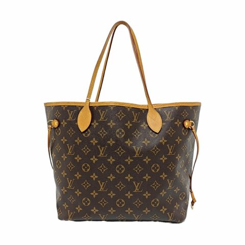 LOUIS VUITTON NEVERFULL中號棕色塗層帆布老花購物袋單肩包手提包金色五金