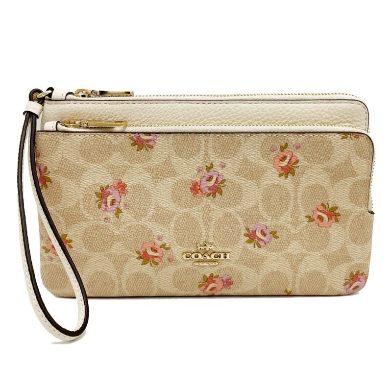 [全新] COACH  C LOGO玫瑰印花長夾式雙層大手拿包/零錢包-0