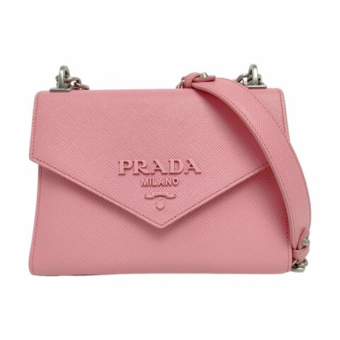 PRADA Monochrome粉色牛皮十字紋斜挎包銀色五金