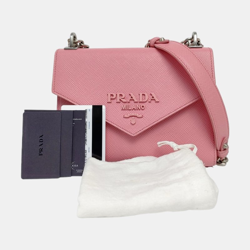 PRADA Monochrome粉色牛皮十字紋斜挎包銀色五金-7