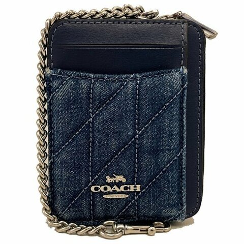[全新] COACH 牛仔布絎縫菱格紋鏈帶名片卡夾鏈帶零錢包(藍)