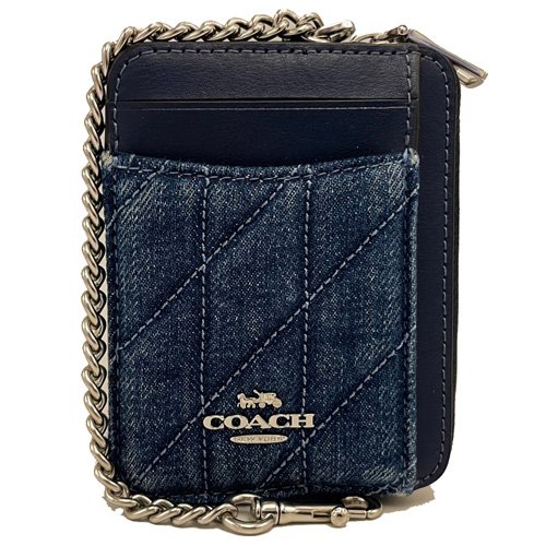 [全新] COACH 牛仔布絎縫菱格紋鏈帶名片卡夾鏈帶零錢包(藍)-0