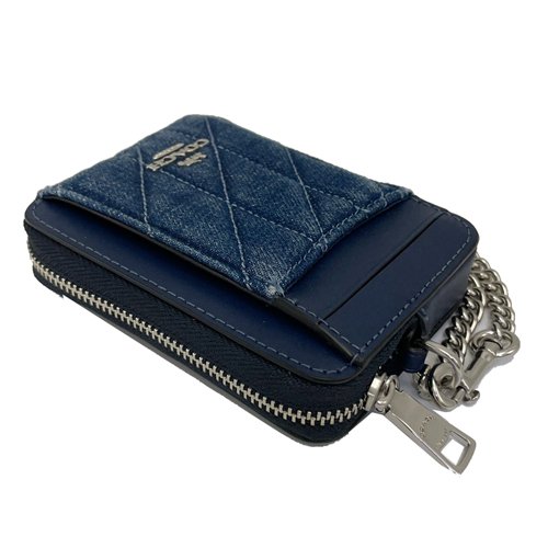 [全新] COACH 牛仔布絎縫菱格紋鏈帶名片卡夾鏈帶零錢包(藍)-3