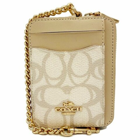[全新] COACH C LOGO卡片名片鏈帶零錢包(奶油白)