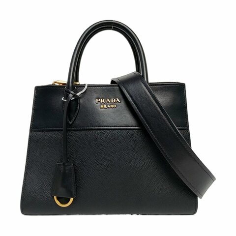 PRADA Bibliotheque黑色牛皮十字紋單肩包手提包斜挎包金色五金可拆卸肩帶