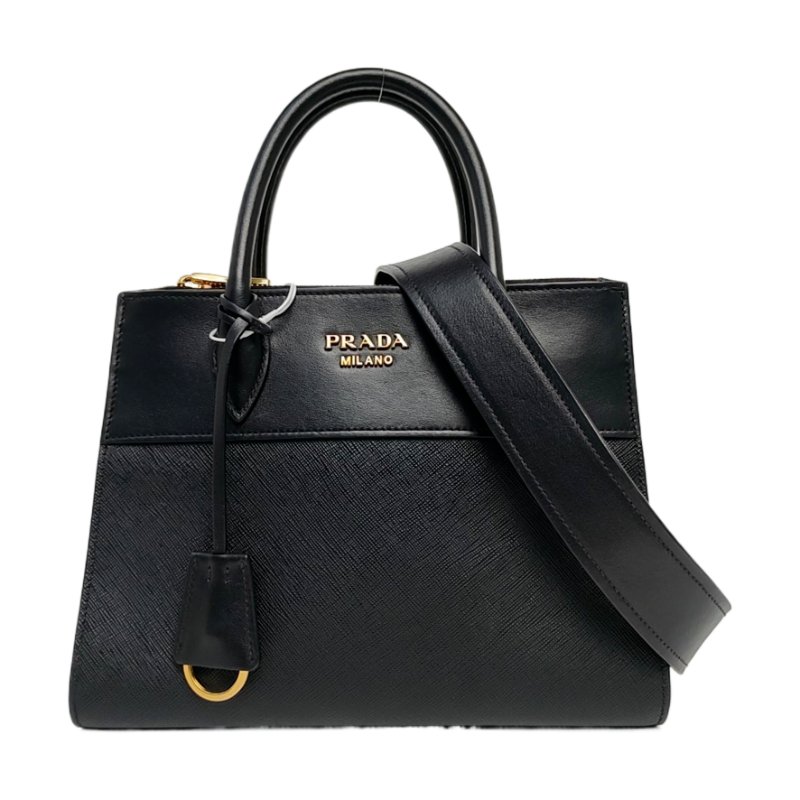 PRADA Bibliotheque黑色牛皮十字紋單肩包手提包斜挎包金色五金可拆卸肩帶-0