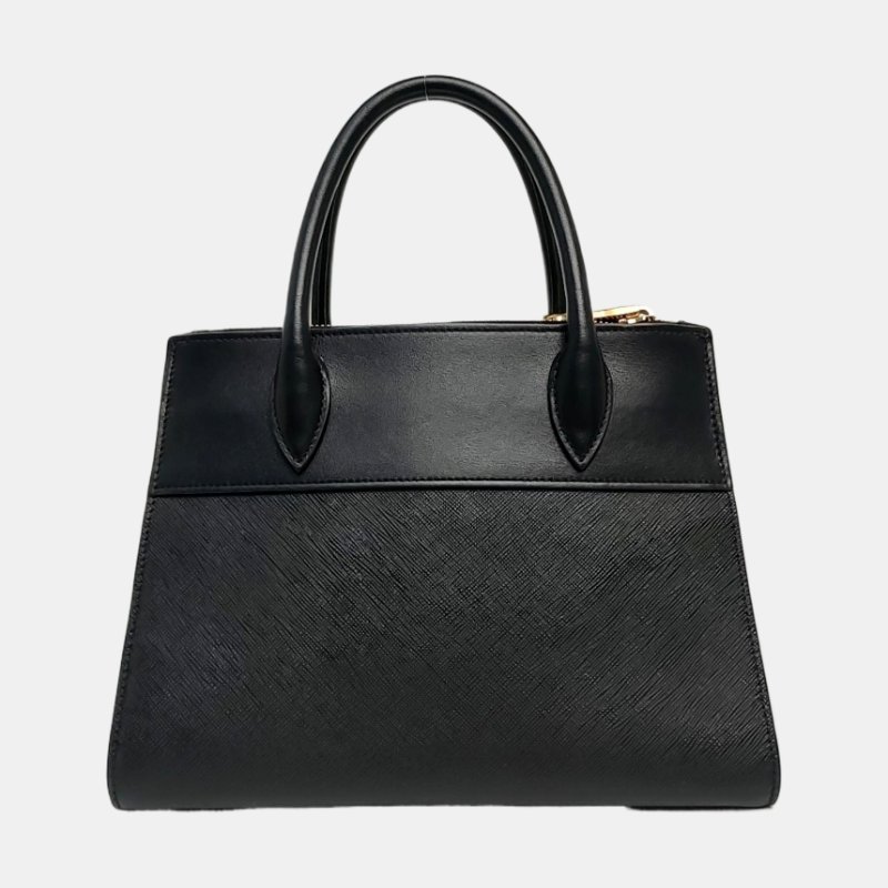 PRADA Bibliotheque黑色牛皮十字紋單肩包手提包斜挎包金色五金可拆卸肩帶-4