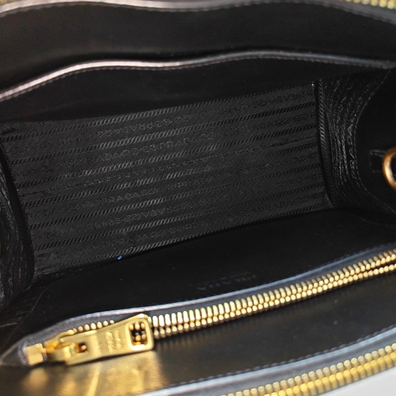 PRADA Bibliotheque黑色牛皮十字紋單肩包手提包斜挎包金色五金可拆卸肩帶-6