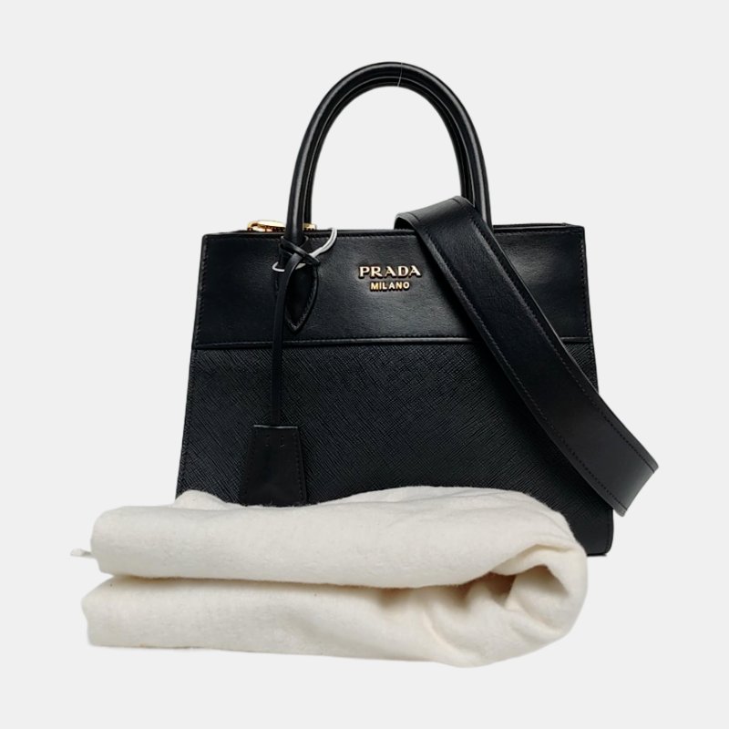 PRADA Bibliotheque黑色牛皮十字紋單肩包手提包斜挎包金色五金可拆卸肩帶-7