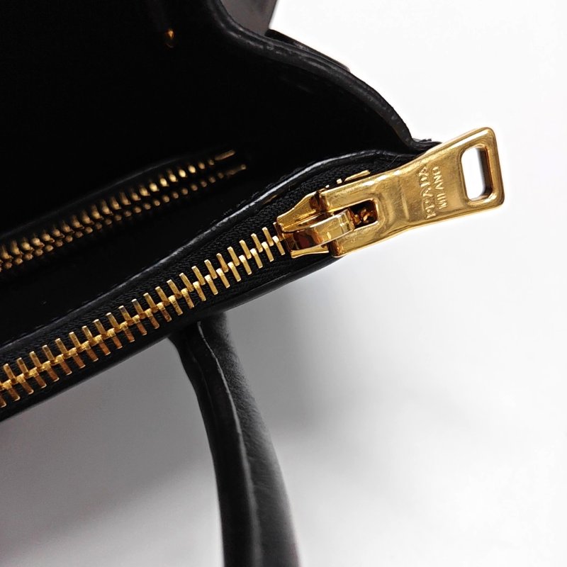PRADA Bibliotheque黑色牛皮十字紋單肩包手提包斜挎包金色五金可拆卸肩帶-10
