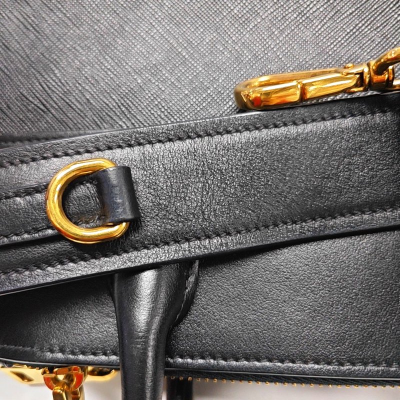 PRADA Bibliotheque黑色牛皮十字紋單肩包手提包斜挎包金色五金可拆卸肩帶-12