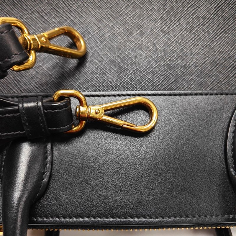 PRADA Bibliotheque黑色牛皮十字紋單肩包手提包斜挎包金色五金可拆卸肩帶-13