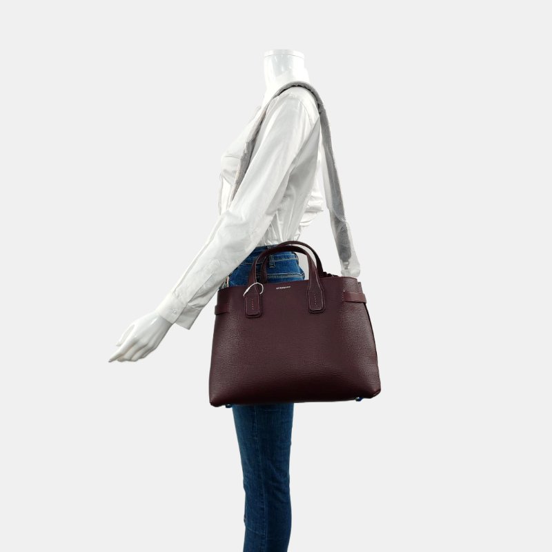 BURBERRY The Banner中號紫紅色牛皮壓紋單肩包手提包銀色五金可拆卸肩帶-1