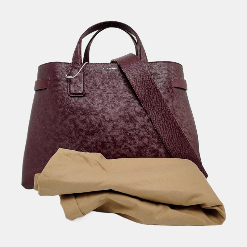 BURBERRY The Banner中號紫紅色牛皮壓紋單肩包手提包銀色五金可拆卸肩帶-7