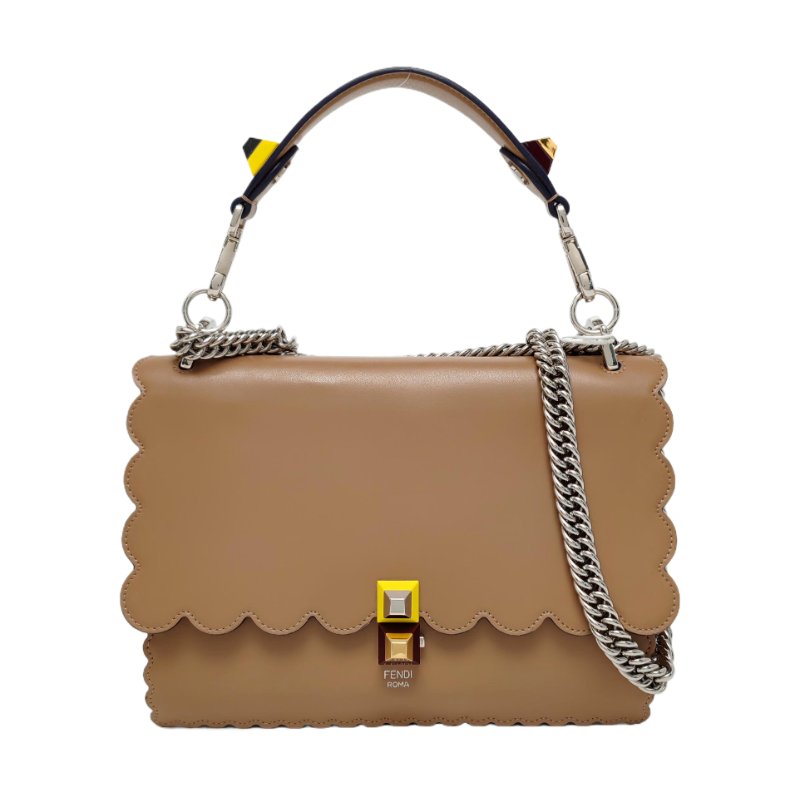 FENDI Kan I 中號棕色牛皮鉚釘單肩包斜挎包手提包銀色黃色五金2條可拆卸肩帶-0
