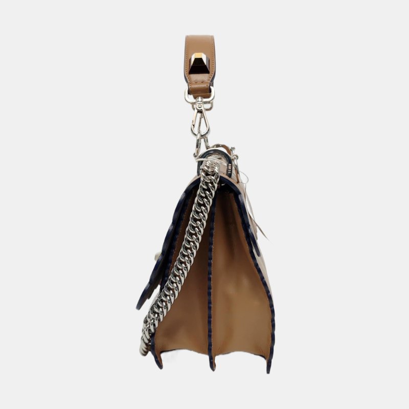 FENDI Kan I 中號棕色牛皮鉚釘單肩包斜挎包手提包銀色黃色五金2條可拆卸肩帶-2