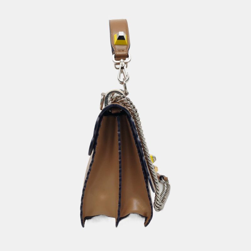 FENDI Kan I 中號棕色牛皮鉚釘單肩包斜挎包手提包銀色黃色五金2條可拆卸肩帶-3