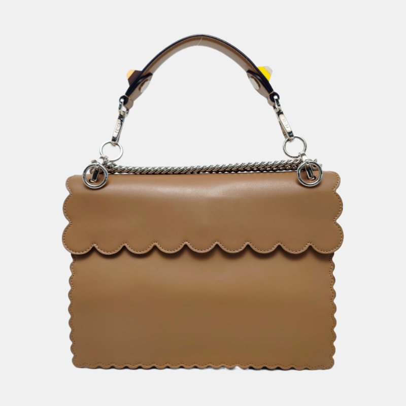 FENDI Kan I 中號棕色牛皮鉚釘單肩包斜挎包手提包銀色黃色五金2條可拆卸肩帶-4