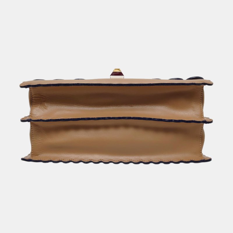 FENDI Kan I 中號棕色牛皮鉚釘單肩包斜挎包手提包銀色黃色五金2條可拆卸肩帶-5