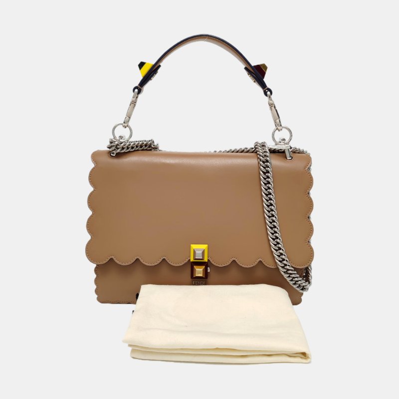 FENDI Kan I 中號棕色牛皮鉚釘單肩包斜挎包手提包銀色黃色五金2條可拆卸肩帶-7