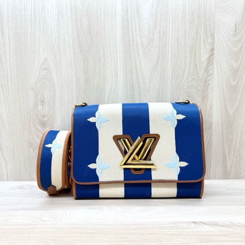 LV藍白帆布拚棕牛皮TwistMM側背包M57659