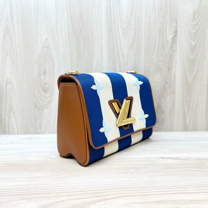 LV藍白帆布拚棕牛皮TwistMM側背包M57659-3