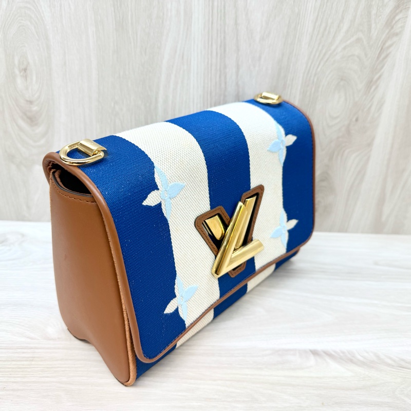 LV藍白帆布拚棕牛皮TwistMM側背包M57659-4
