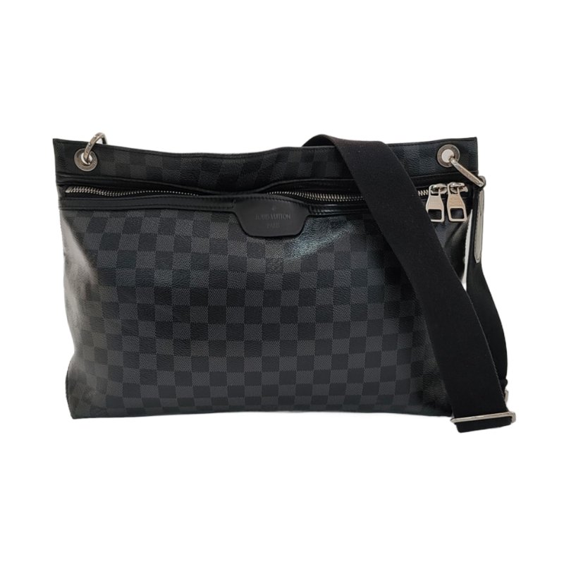 LOUIS VUITTON HUNTER中號灰色塗層帆布棋盤格單肩包手提包銀色五金-0