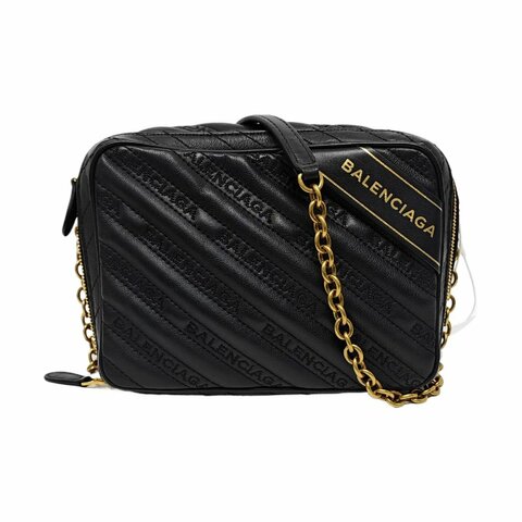 BALENCIAGA Camera黑色牛皮絎縫提花單肩包斜挎包銀色五金