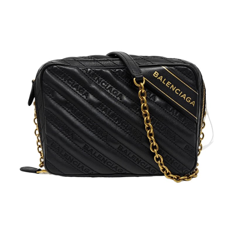 BALENCIAGA Camera黑色牛皮絎縫提花單肩包斜挎包銀色五金-0