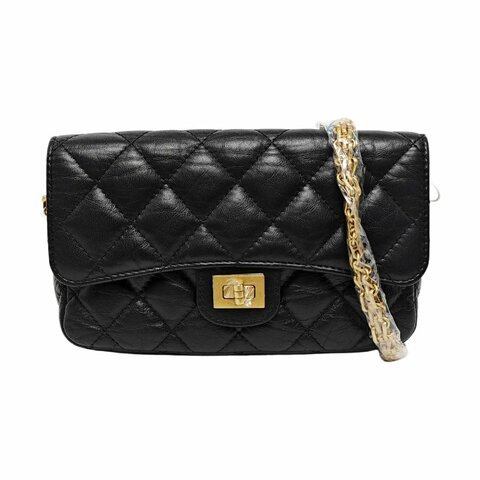 CHANEL 2.55 黑色牛皮菱格紋絎縫單肩包斜挎包 金色五金 9.8新