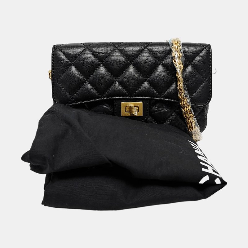 CHANEL 2.55 黑色牛皮菱格紋絎縫單肩包斜挎包 金色五金 9.8新-7