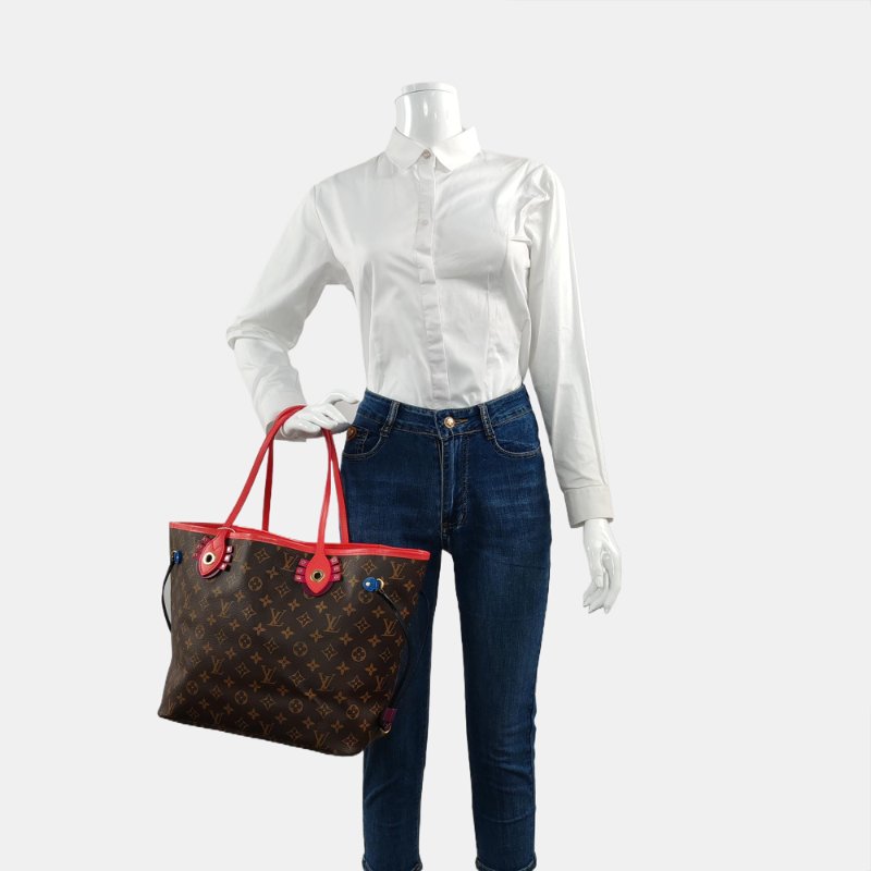 LOUIS VUITTON NEVERFULL中號棕色塗層帆布老花印花購物袋單肩包手提包金色五金-1