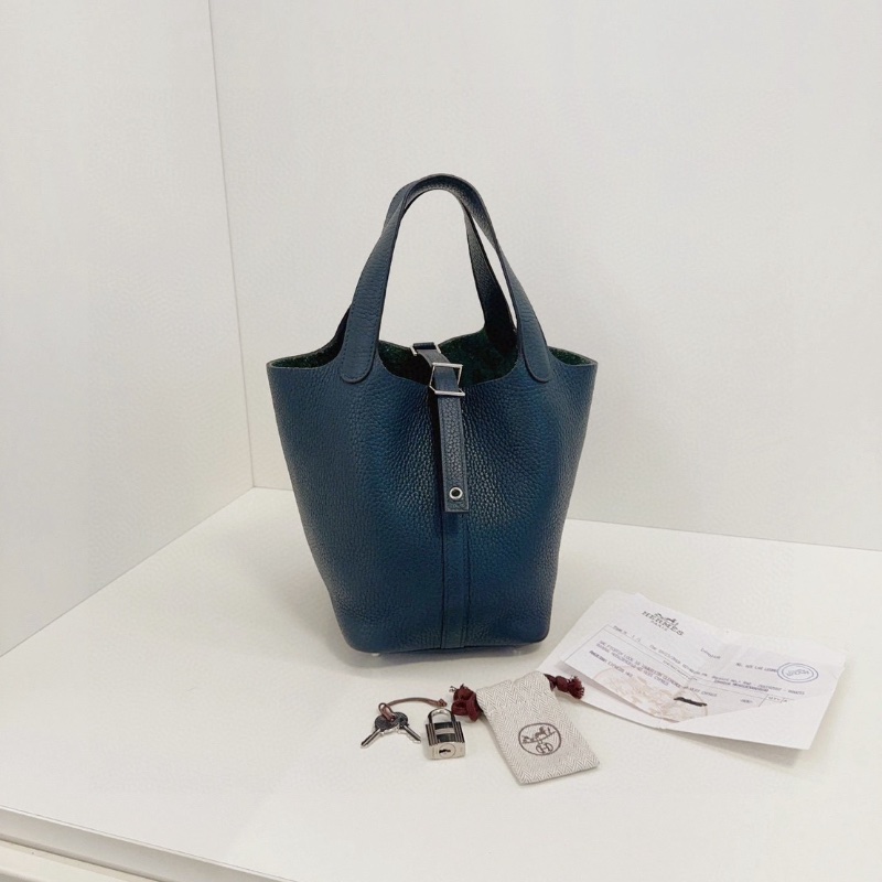 Hermes 6O松柏綠銀扣 菜籃子18 18*19*13cm 98新配件塵袋鑰匙鎖-1