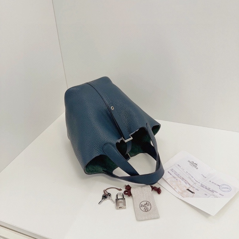 Hermes 6O松柏綠銀扣 菜籃子18 18*19*13cm 98新配件塵袋鑰匙鎖-3