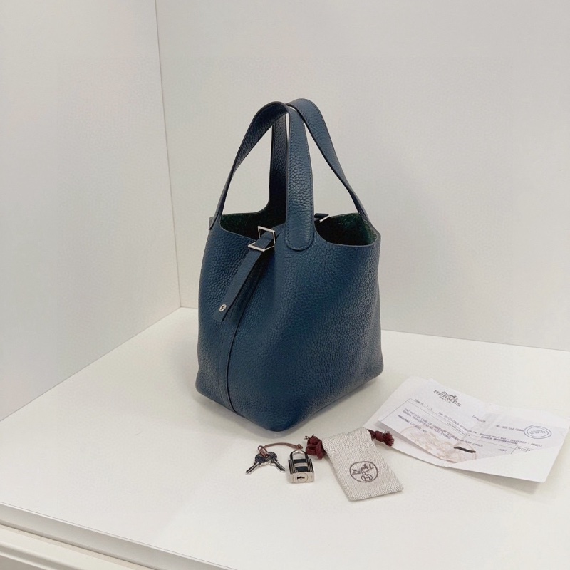 Hermes 6O松柏綠銀扣 菜籃子18 18*19*13cm 98新配件塵袋鑰匙鎖-5