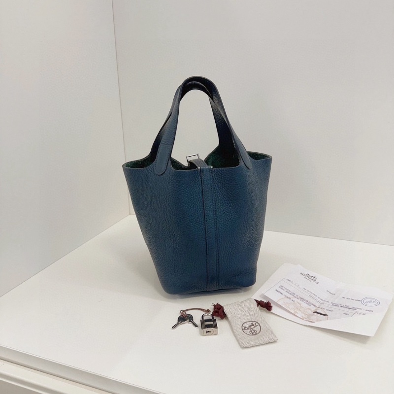 Hermes 6O松柏綠銀扣 菜籃子18 18*19*13cm 98新配件塵袋鑰匙鎖-6