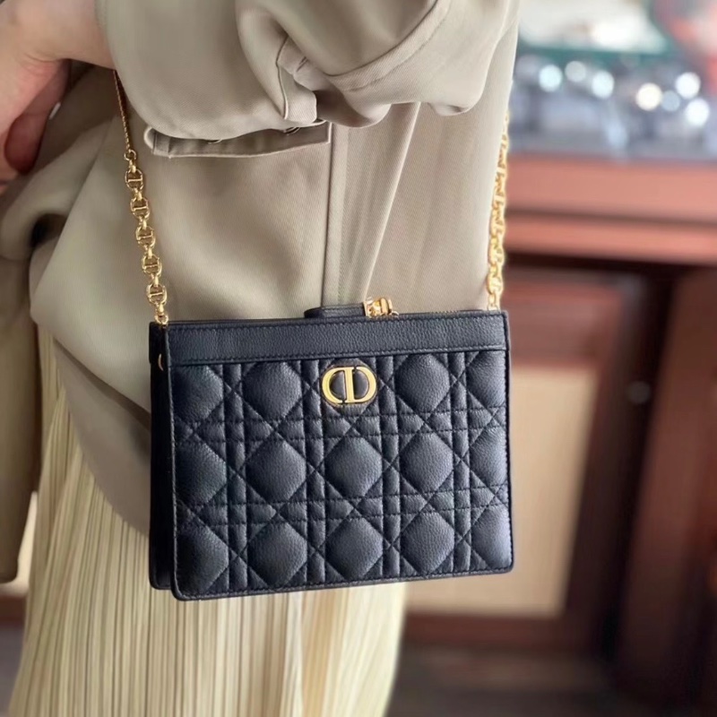 Dior Caro 黑金藤格紋 荔枝牛皮鏈條包 19*14*3 98新配件塵袋-0